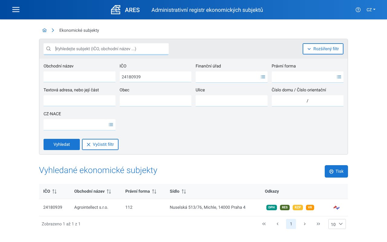 Screenshot of ares.gov.cz