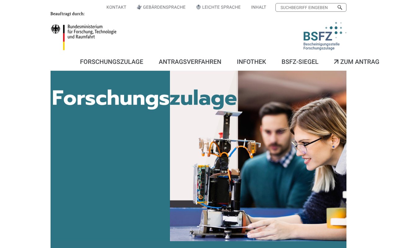 Screenshot of bescheinigung-forschungszulage.de