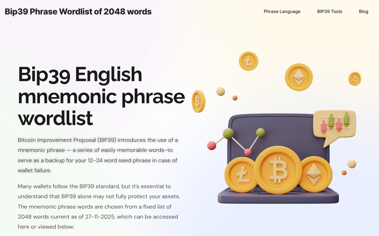 Screenshot of bip39-phrase.com