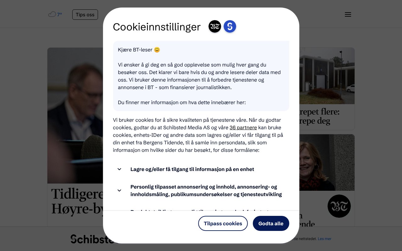 Screenshot of bt.no