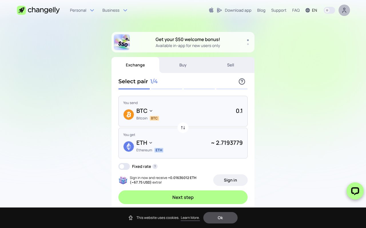 Screenshot of changelly.com