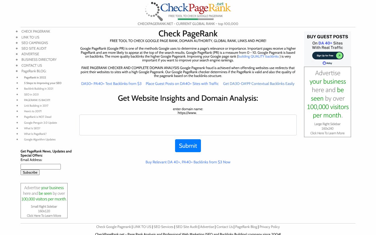 Screenshot of checkpagerank.net