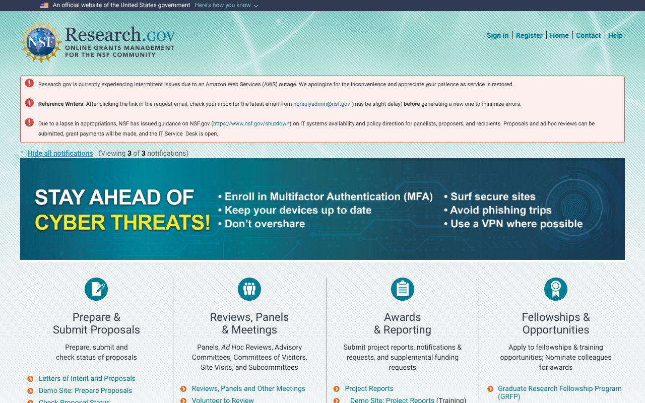 Screenshot of research.gov