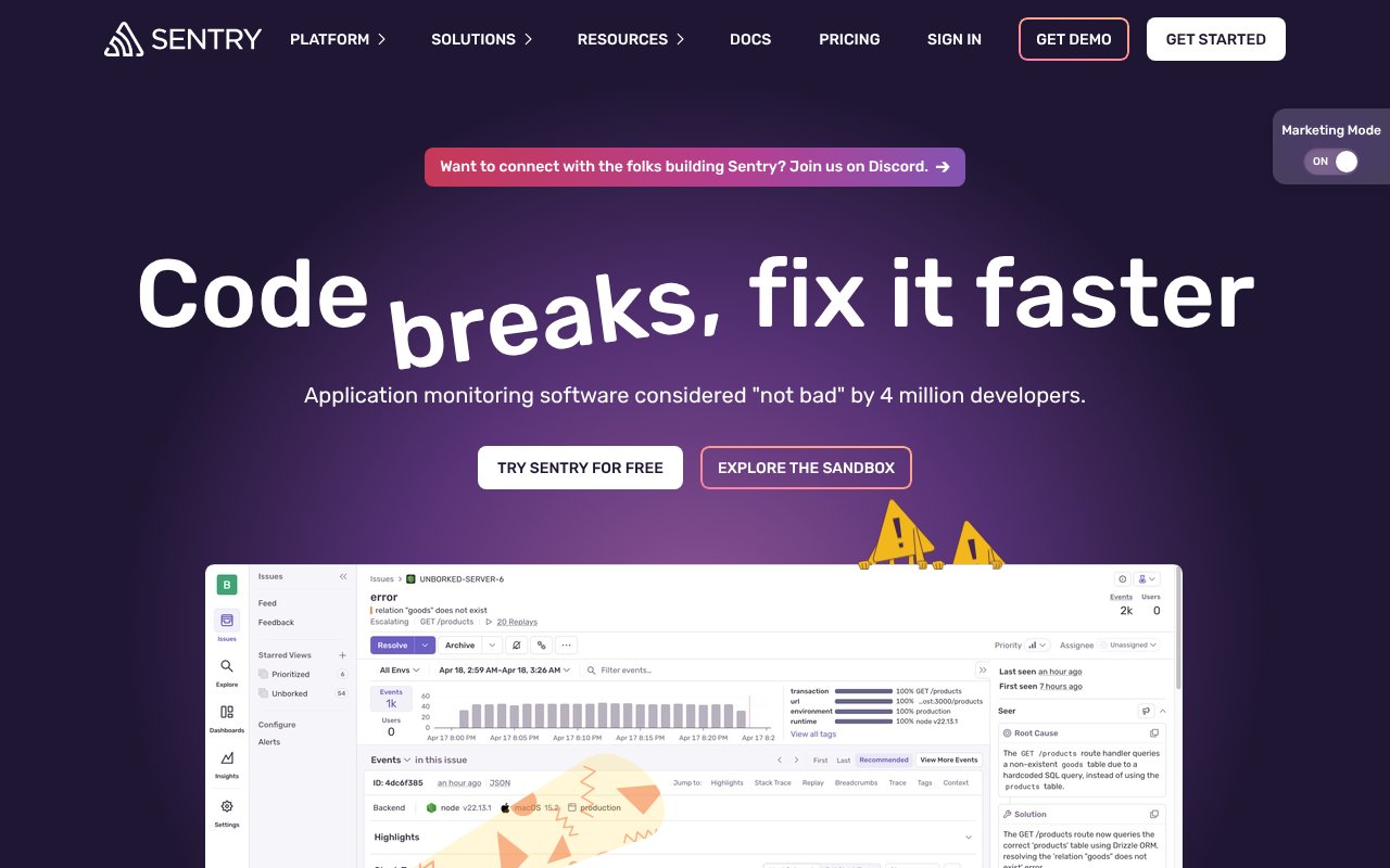 Screenshot of sentry.io