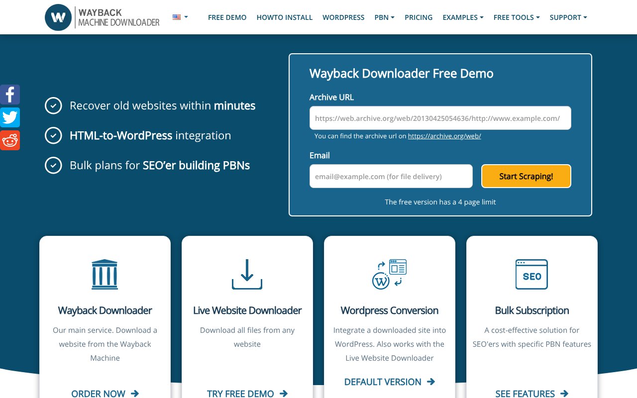 Screenshot of waybackmachinedownloader.com