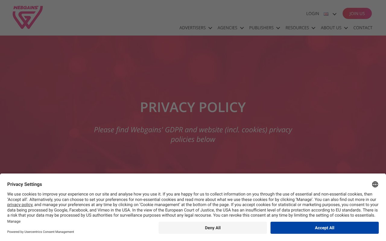 Screenshot of webgains.com