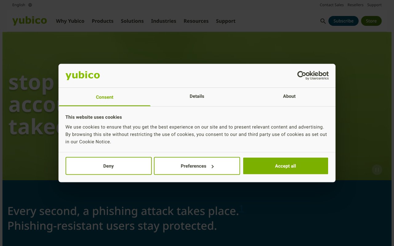 Screenshot of yubico.com